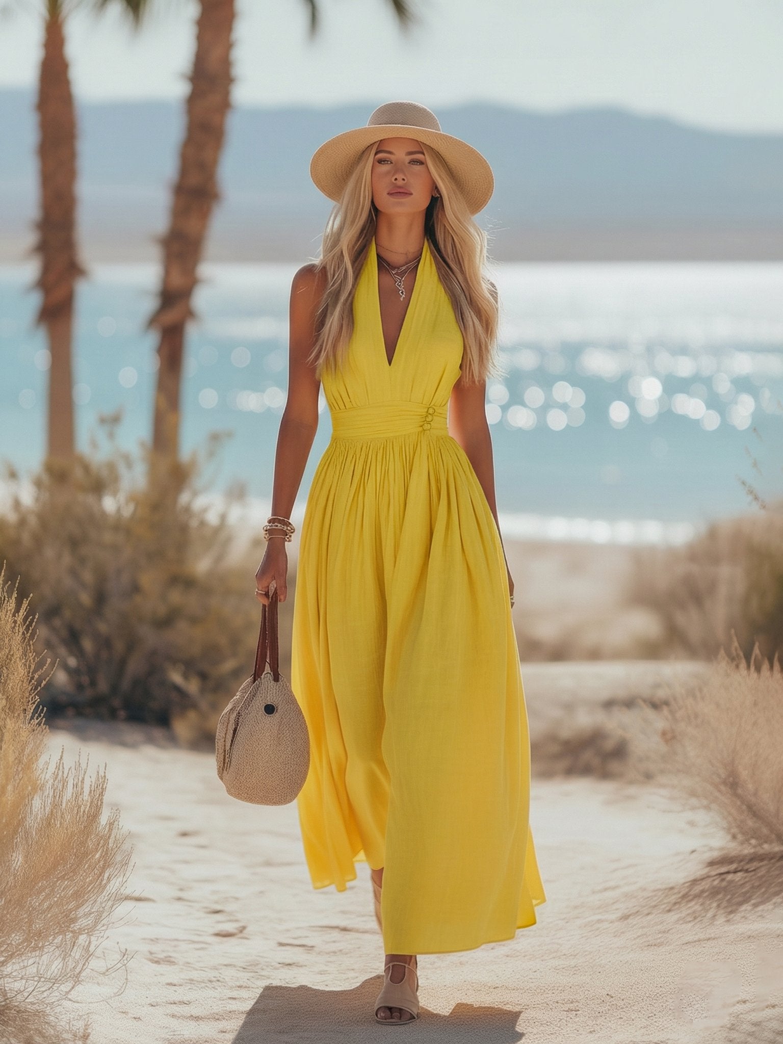 Boho Cotton-Linen Halter Maxi Dress