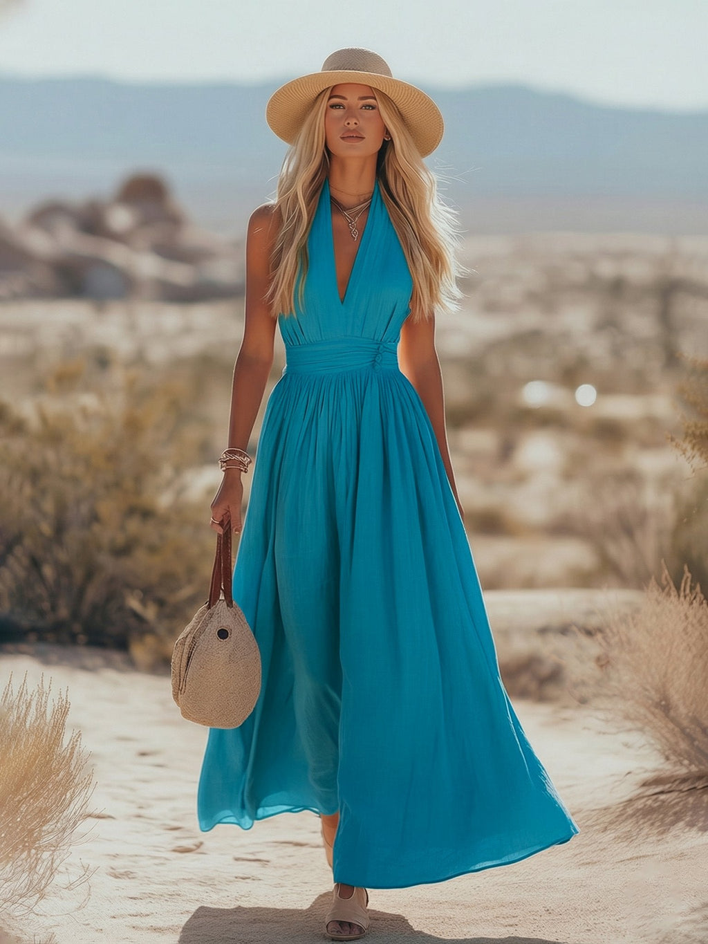 Boho Cotton-Linen Halter Maxi Dress