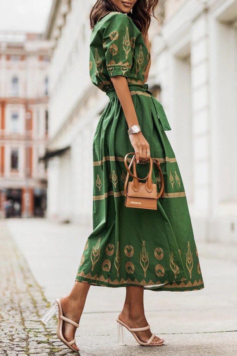 Boho Print Self-Tie Midi Dress