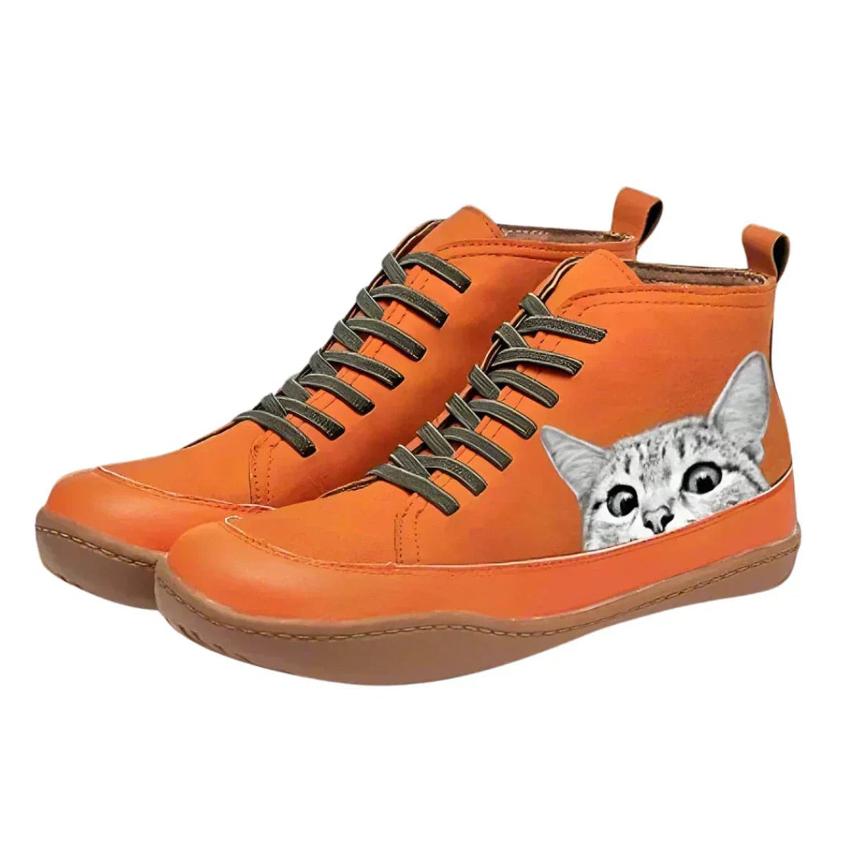 Ankle Boots Cat Print Lace Up Vegan Leather Playful