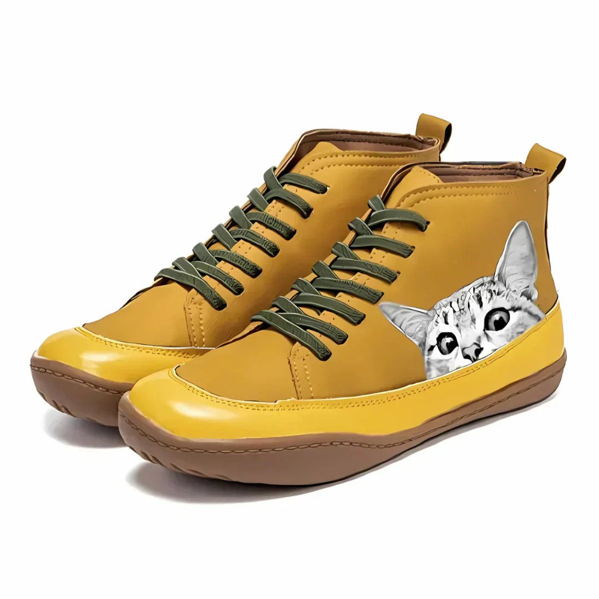 Ankle Boots Cat Print Lace Up Leather Look Playful Detail