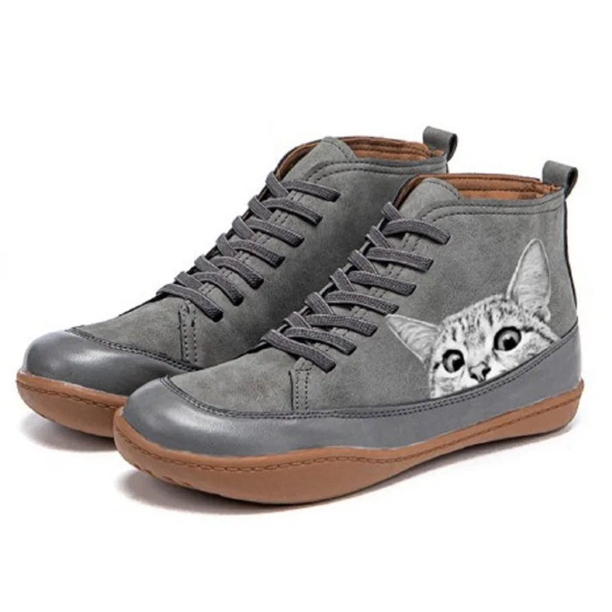 Ankle Boots Cat Print Lace Up Vegan Leather Playful