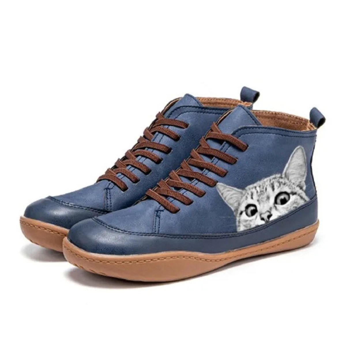 Ankle Boots Cat Print Lace Up Leather Look Playful Detail