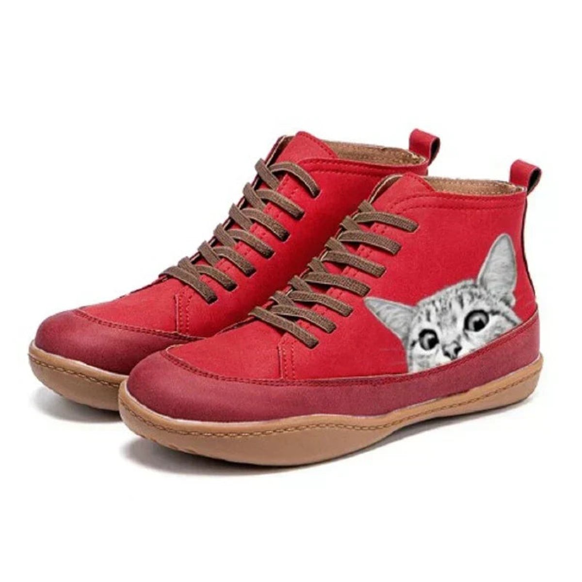 Ankle Boots Cat Print Lace Up Leather Look Playful Detail