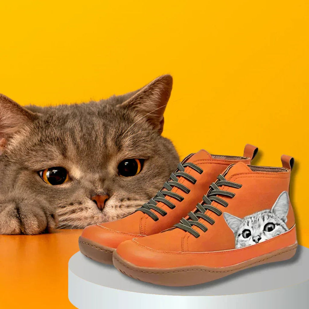 Ankle Boots Cat Print Lace Up Vegan Leather Playful