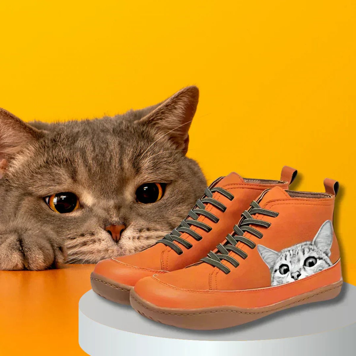 Ankle Boots Cat Print Lace Up Vegan Leather Playful