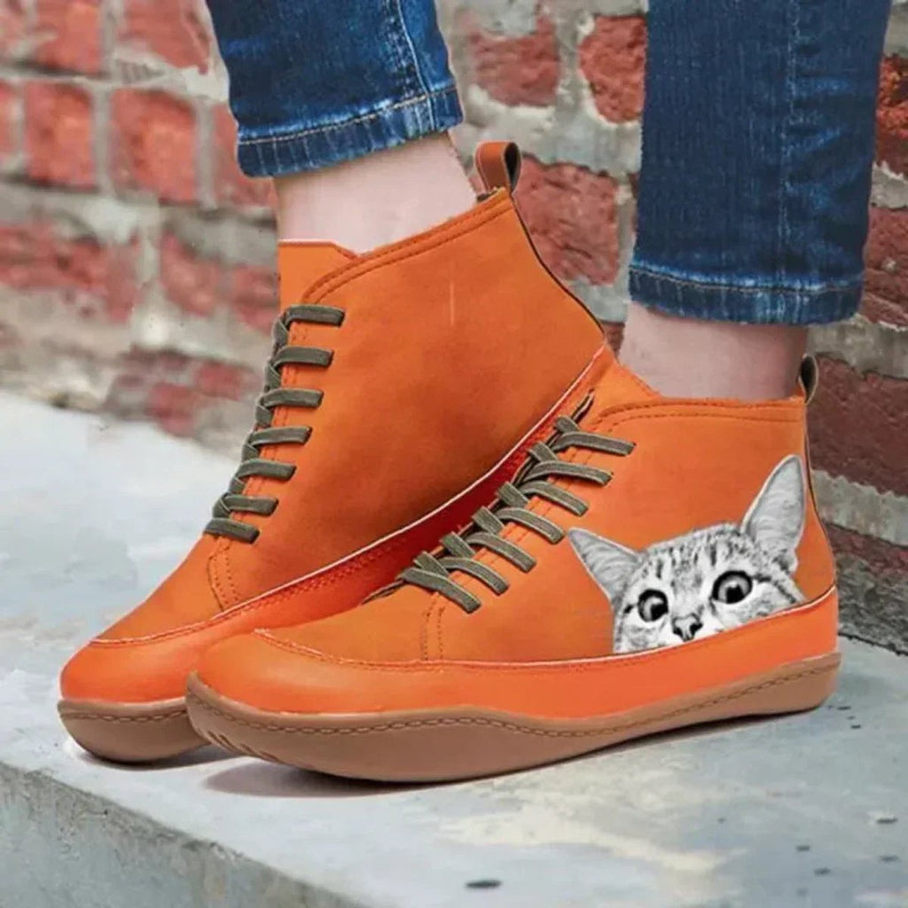 Ankle Boots Cat Print Lace Up Vegan Leather Playful