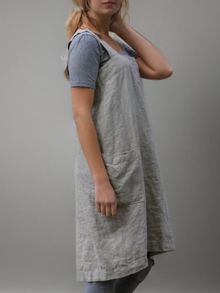 Casual Cross Back Cotton Linen Apron Dress