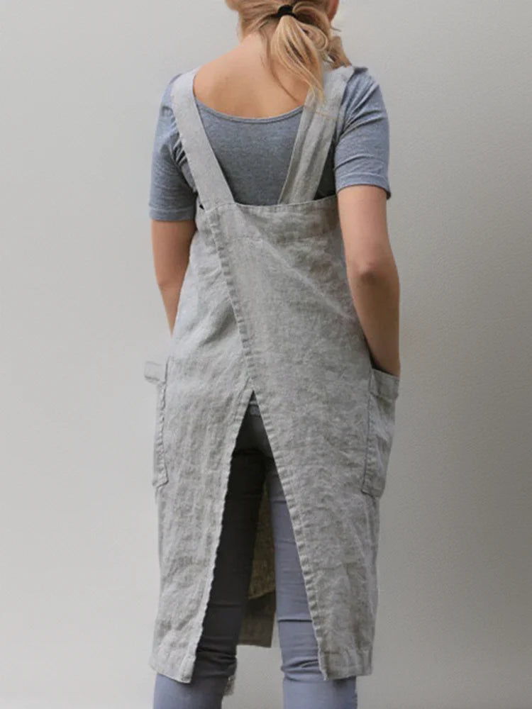 Casual Cross Back Cotton Linen Apron Dress