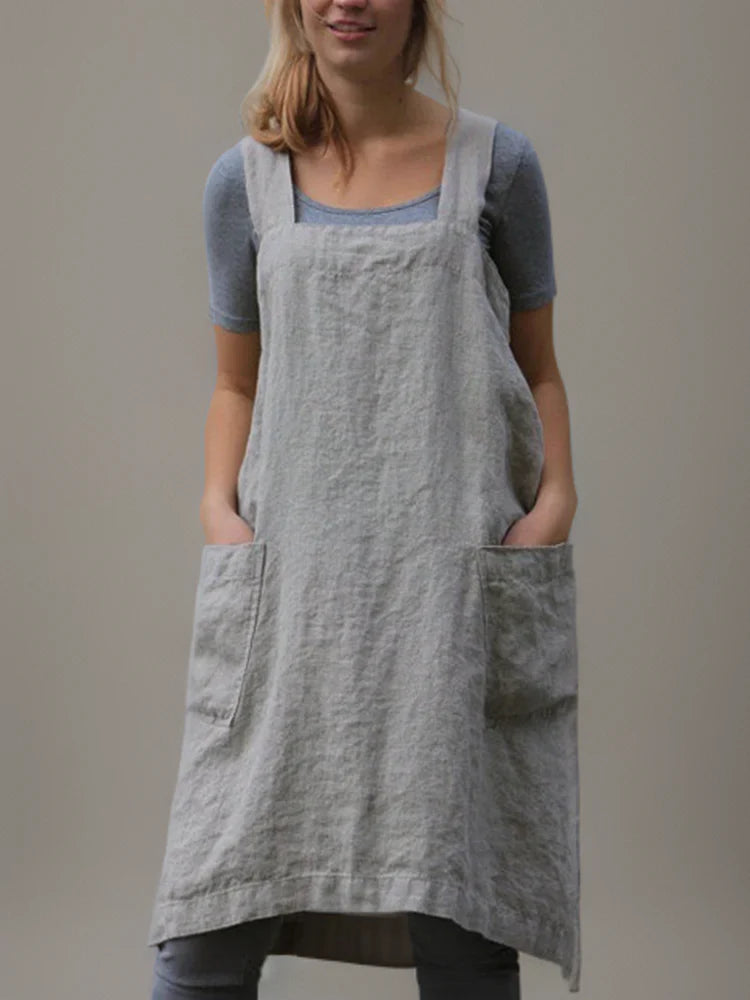 Casual Cross Back Cotton Linen Apron Dress