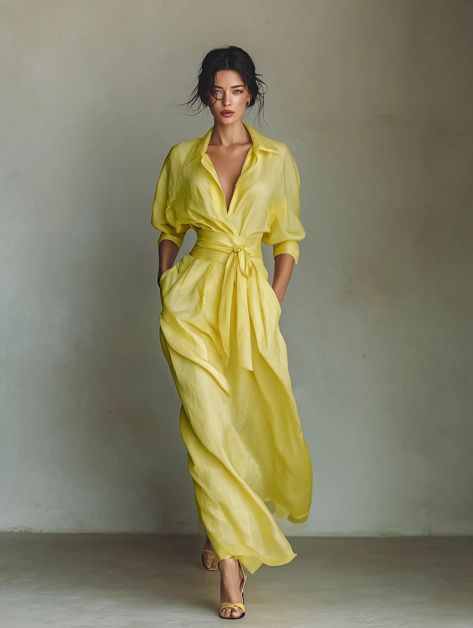 Cotton Linen Deep V-Neck Wrap Maxi Shirt Dress
