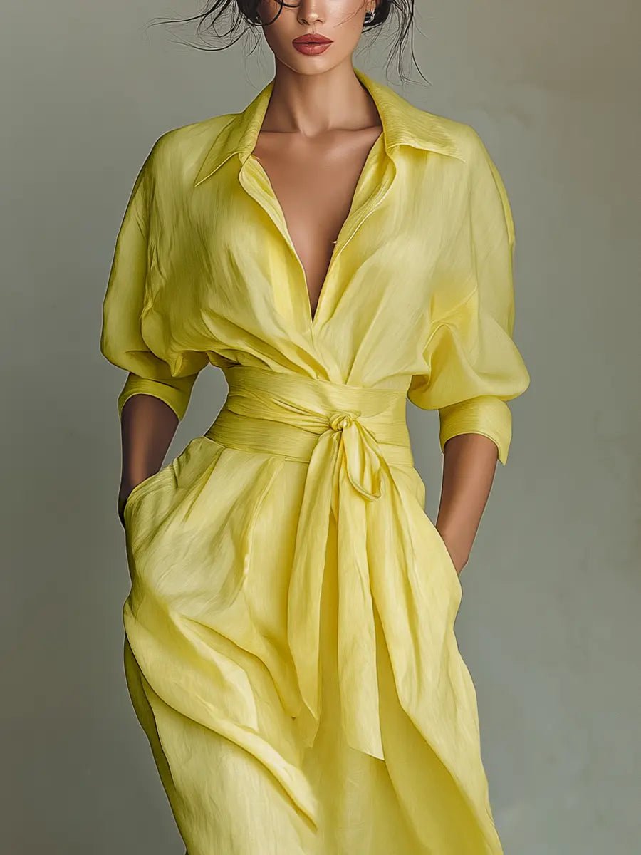 Cotton Linen Deep V-Neck Wrap Maxi Shirt Dress