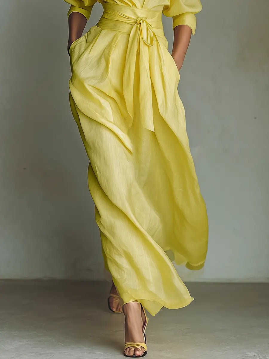 Cotton Linen Deep V-Neck Wrap Maxi Shirt Dress