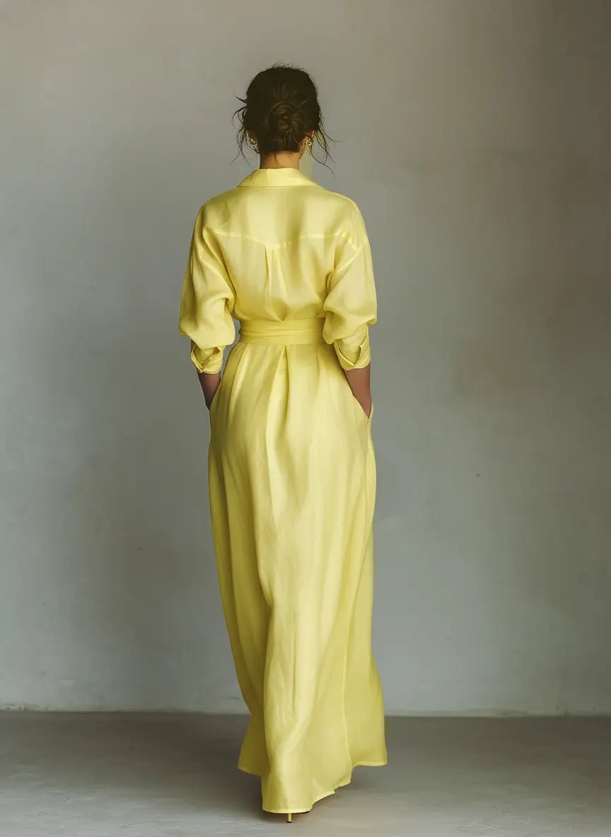 Cotton Linen Deep V-Neck Wrap Maxi Shirt Dress