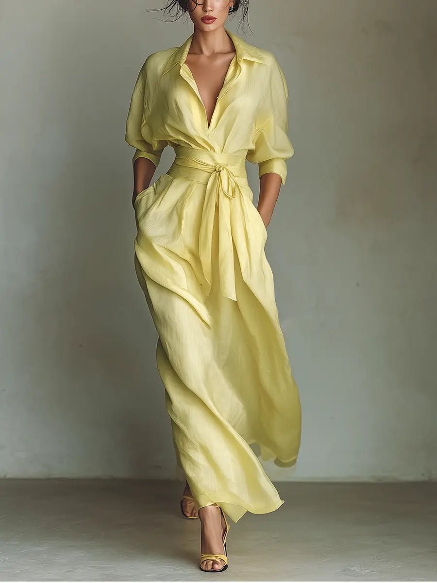 Cotton Linen Deep V-Neck Wrap Maxi Shirt Dress