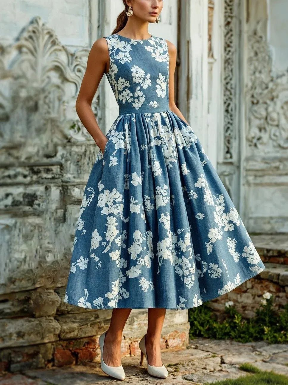 Floral Linen Sleeveless Midi Dress