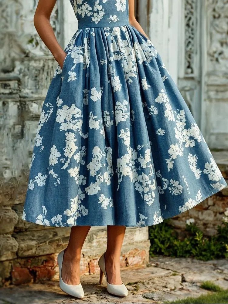 Floral Linen Sleeveless Midi Dress