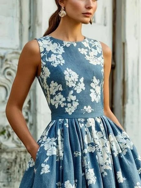 Floral Linen Sleeveless Midi Dress