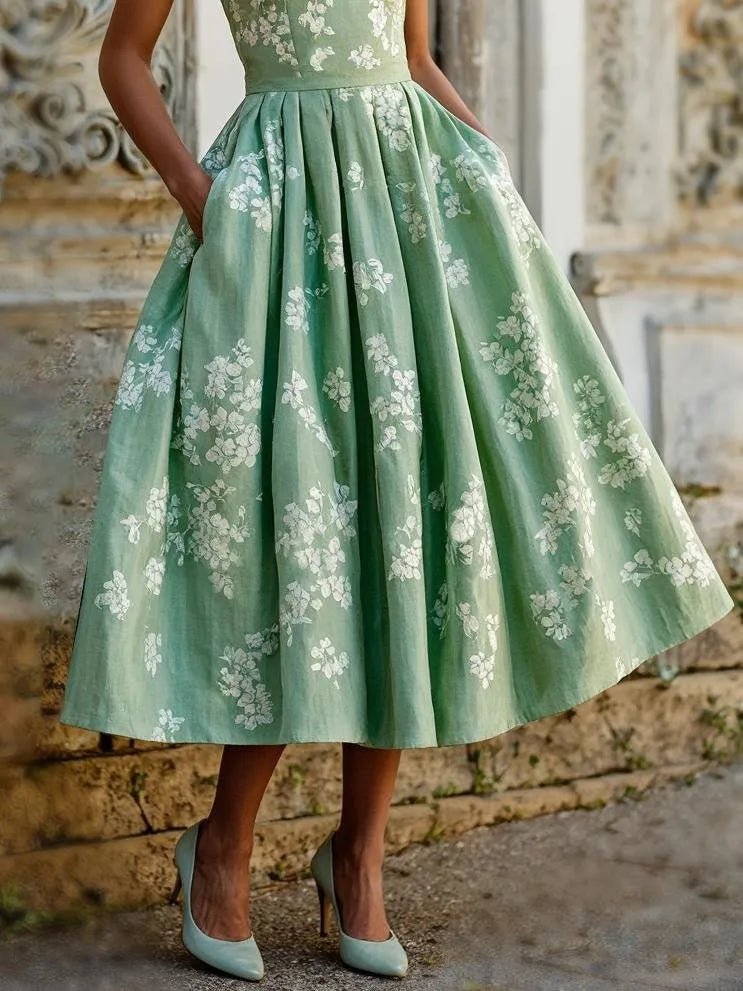 Floral Linen Sleeveless Midi Dress