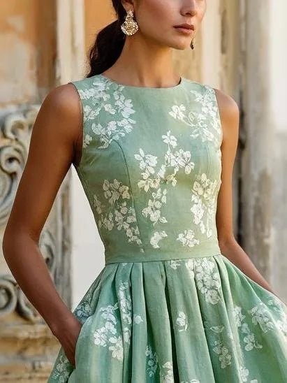 Floral Linen Sleeveless Midi Dress