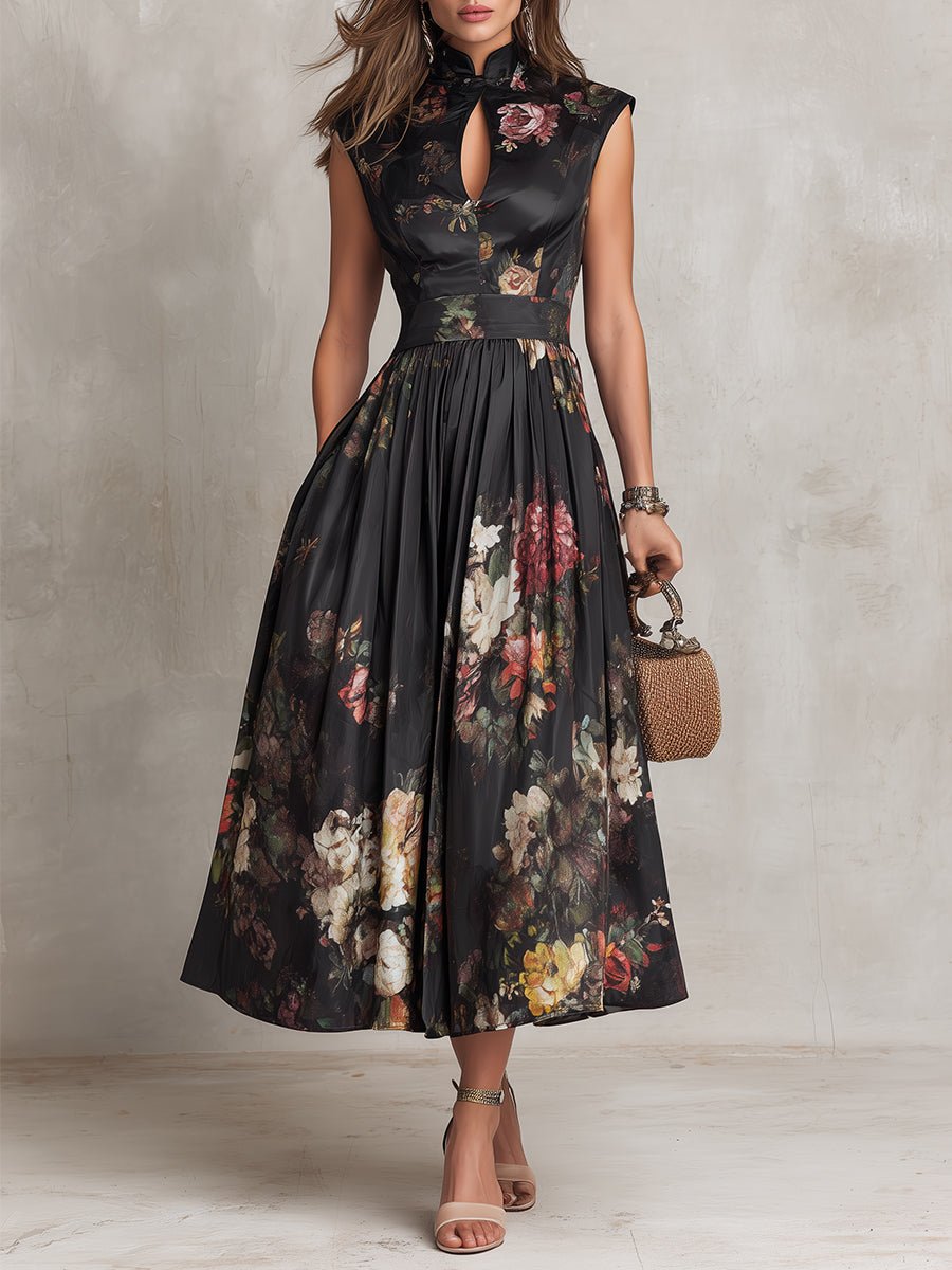 Floral Satin Keyhole-Collar Midi Dress