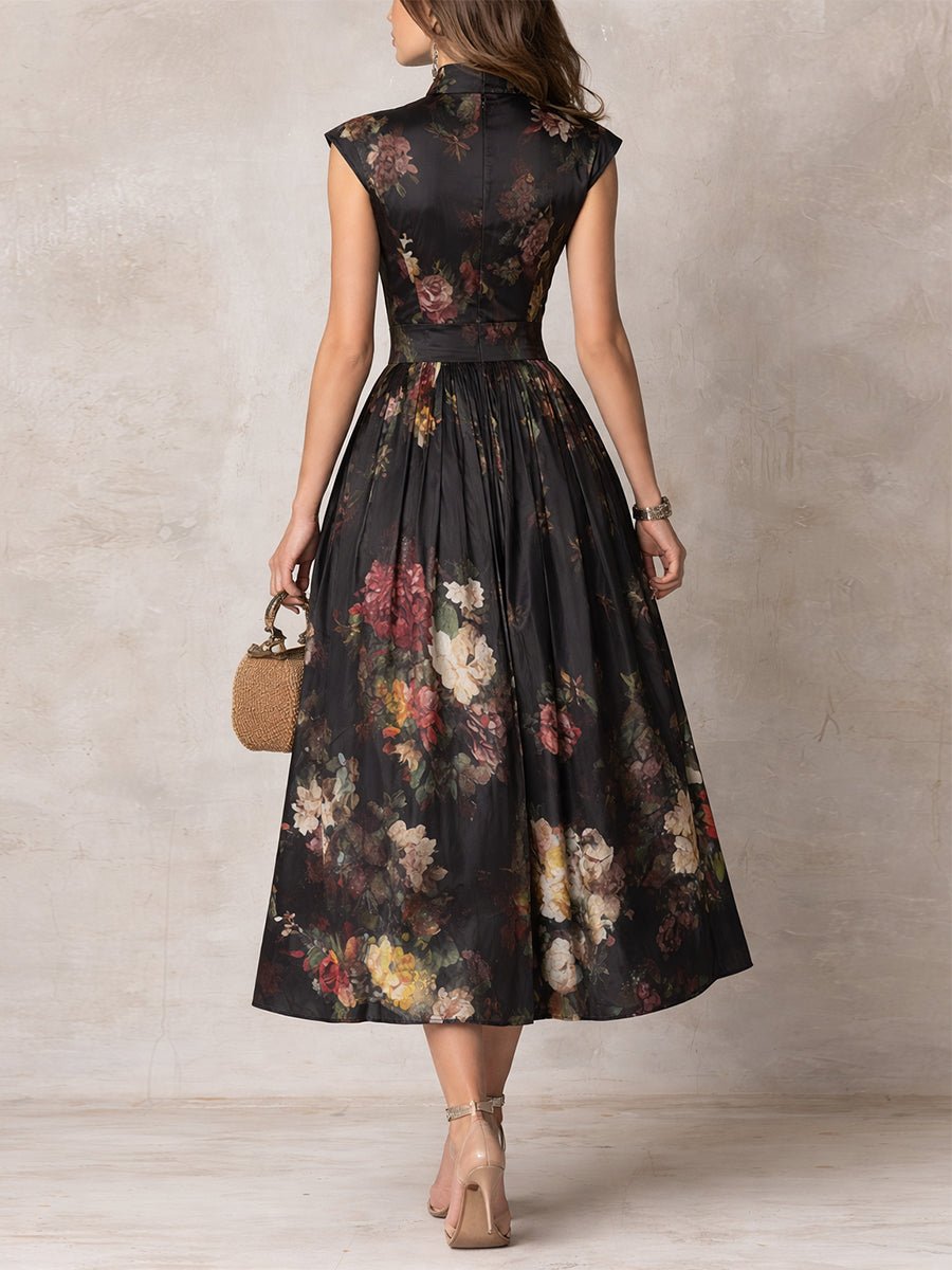 Floral Satin Keyhole-Collar Midi Dress