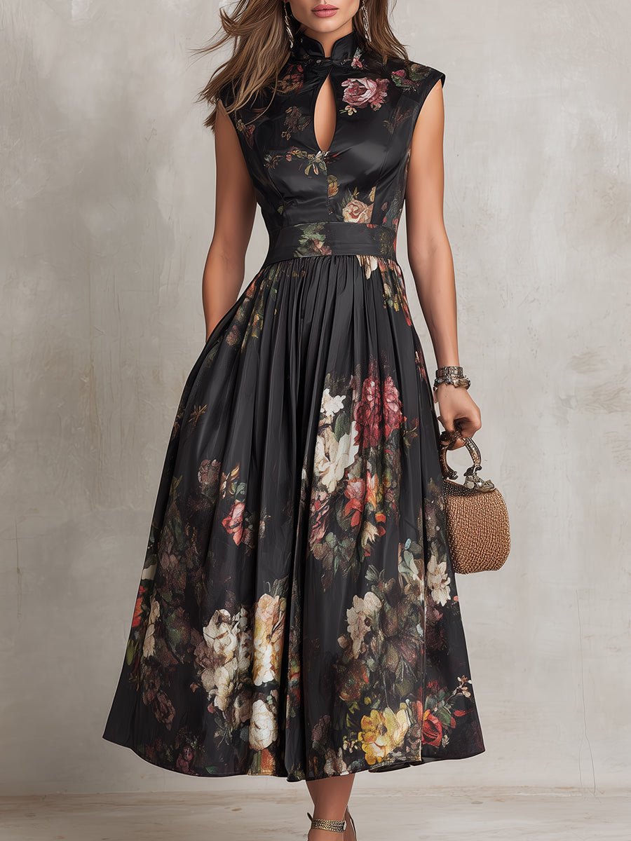 Floral Satin Keyhole-Collar Midi Dress