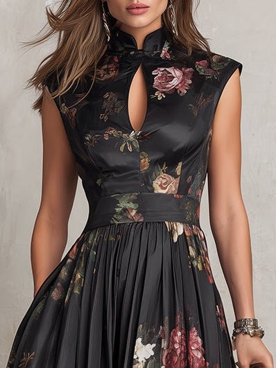 Floral Satin Keyhole-Collar Midi Dress