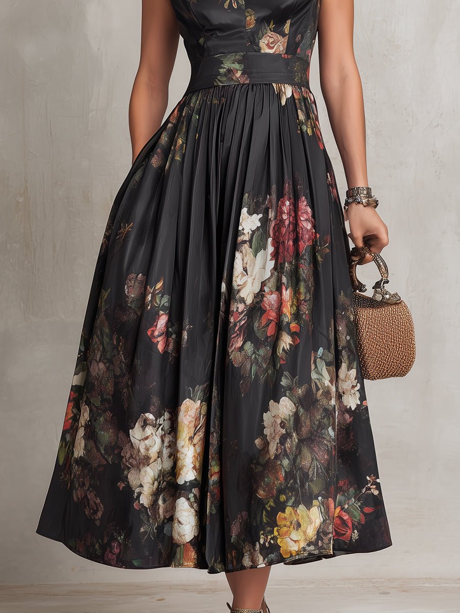 Floral Satin Keyhole-Collar Midi Dress