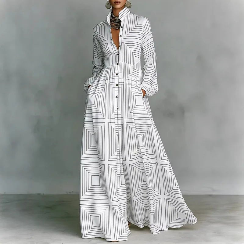 Geometric Print High-Waist Long-Sleeve Maxi Dress