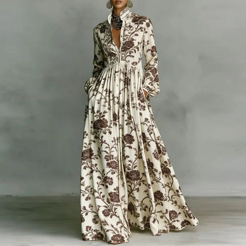 Geometric Print High-Waist Long-Sleeve Maxi Dress