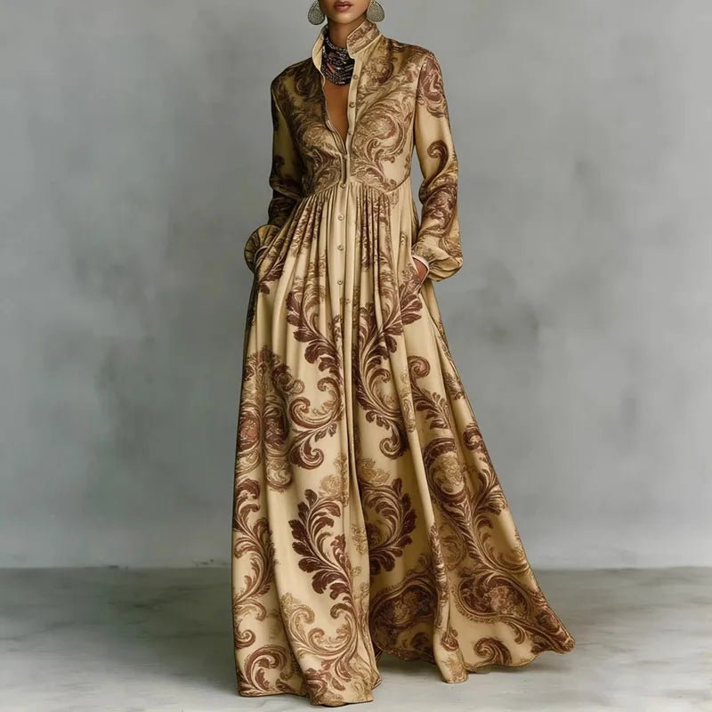 Geometric Print High-Waist Long-Sleeve Maxi Dress