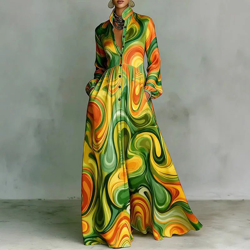 Geometric Print High-Waist Long-Sleeve Maxi Dress