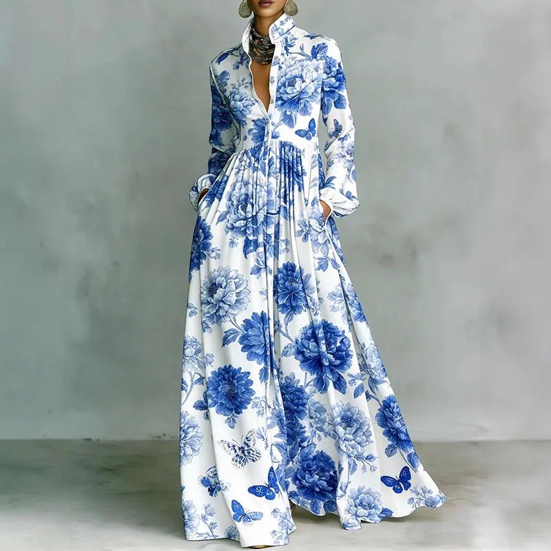 Geometric Print High-Waist Long-Sleeve Maxi Dress