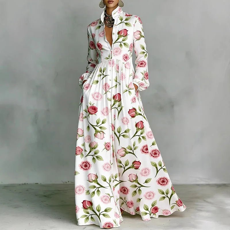 Geometric Print High-Waist Long-Sleeve Maxi Dress