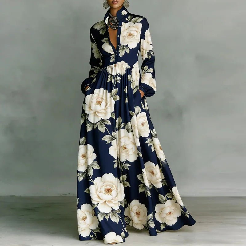 Geometric Print High-Waist Long-Sleeve Maxi Dress