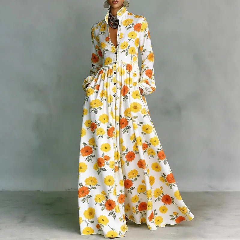 Geometric Print High-Waist Long-Sleeve Maxi Dress
