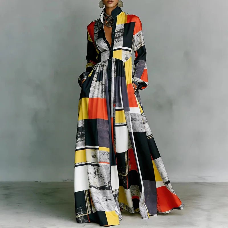 Geometric Print High-Waist Long-Sleeve Maxi Dress