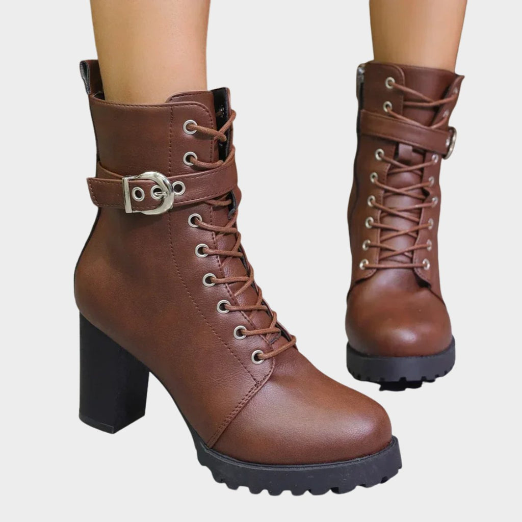 Ankle Boots Block Heel Lace Up Buckle Strap Sturdy Look