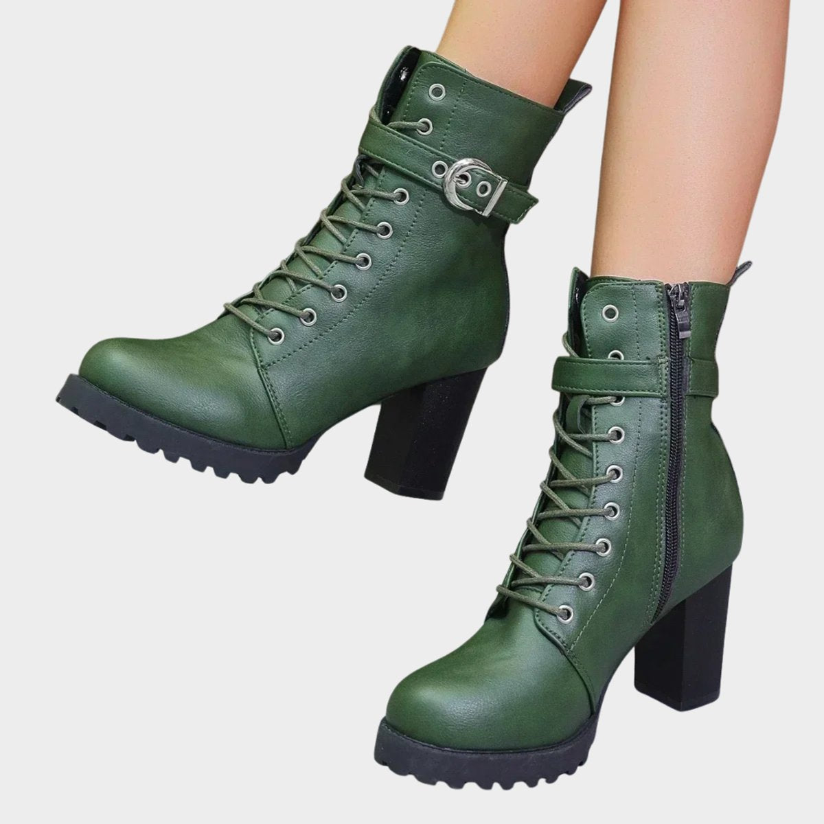 Ankle Boots Block Heel Lace Up Buckle Strap Sturdy Look