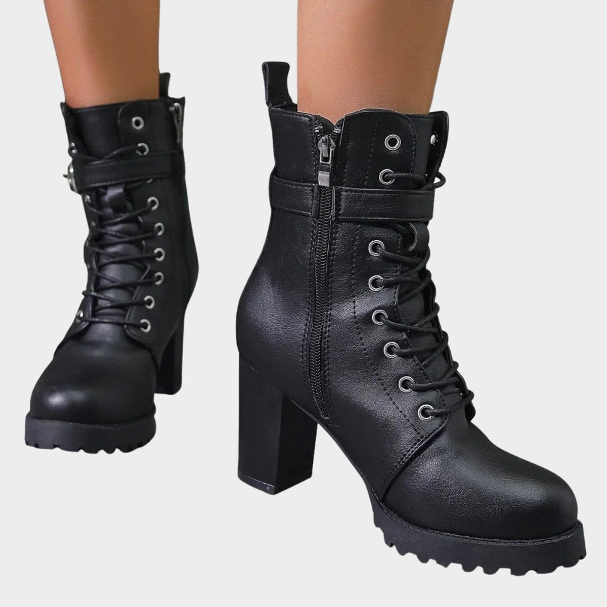 Ankle Boots Block Heel Lace Up Buckle Strap Sturdy Look