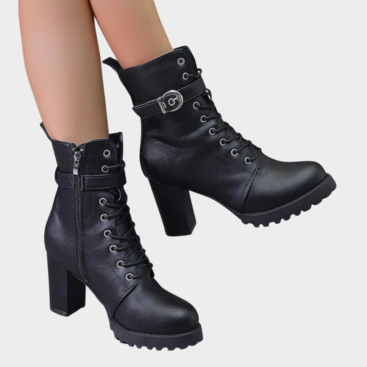 Ankle Boots Block Heel Lace Up Buckle Strap Sturdy Look