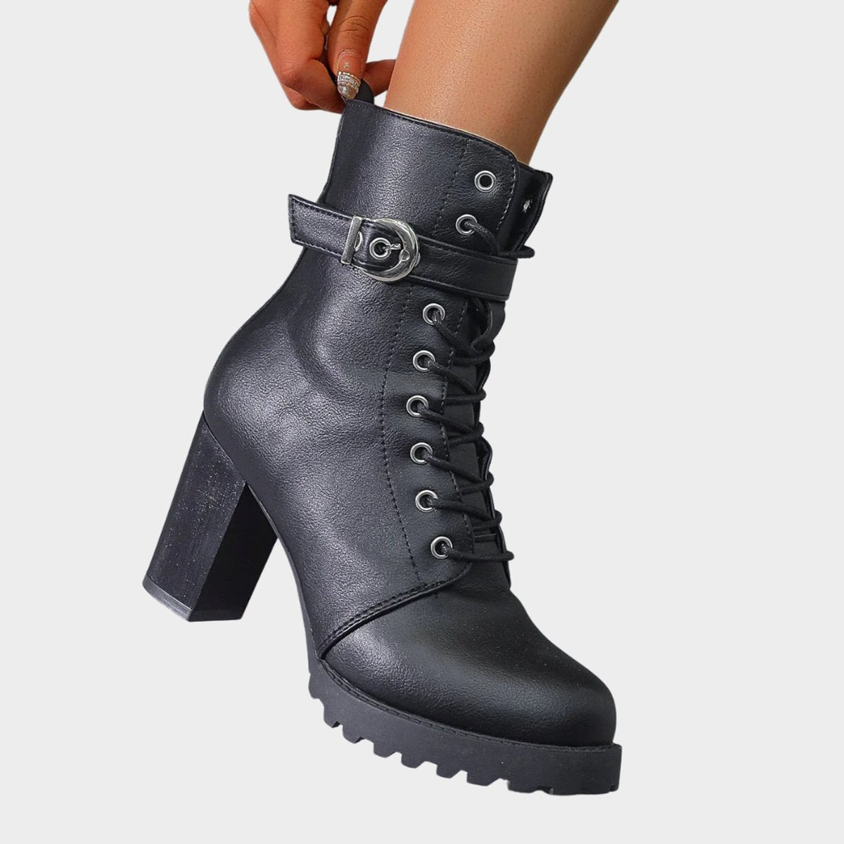 Ankle Boots Block Heel Lace Up Buckle Strap Sturdy Look