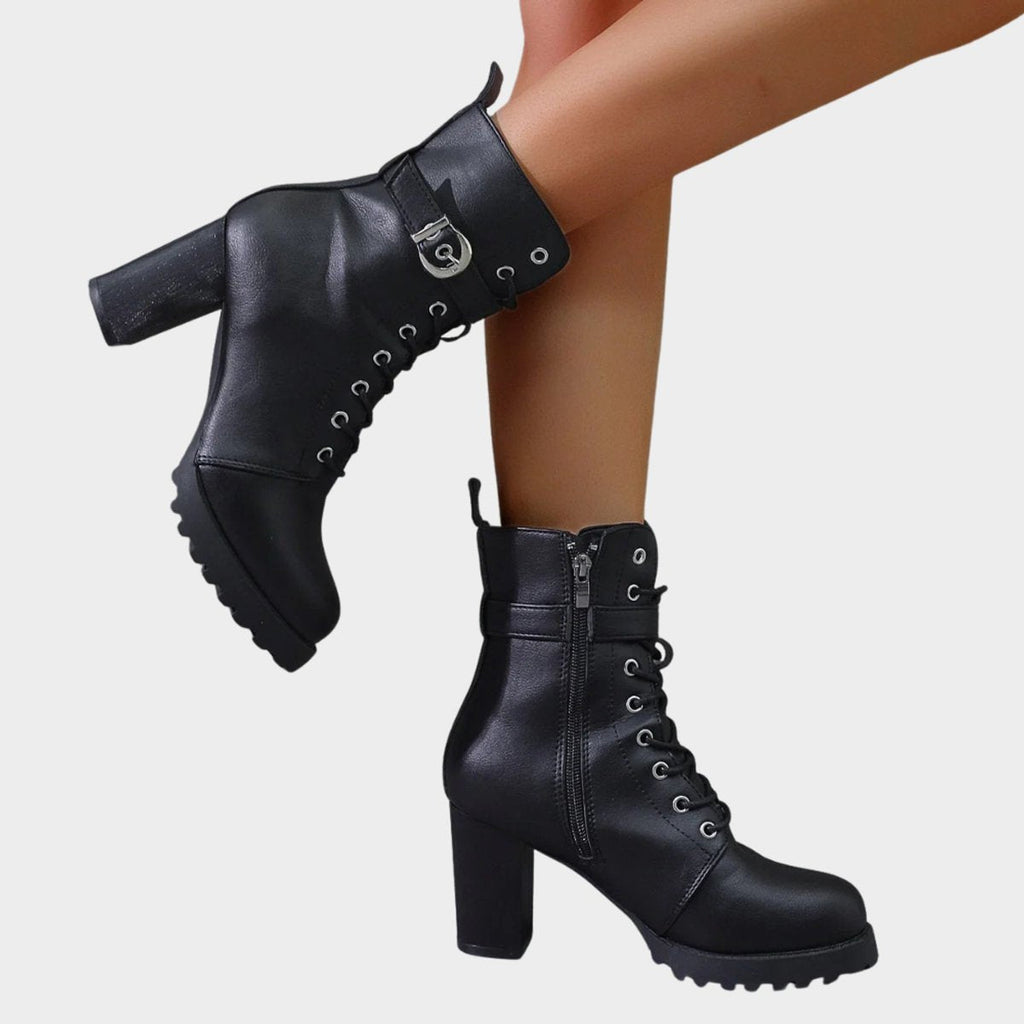 Ankle Boots Block Heel Lace Up Buckle Strap Sturdy Look