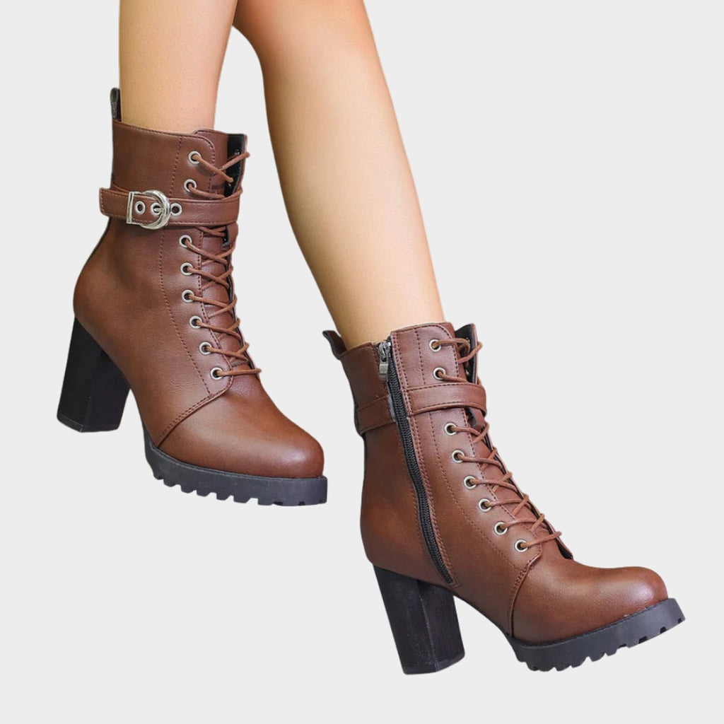 Ankle Boots Block Heel Lace Up Buckle Strap Sturdy Look