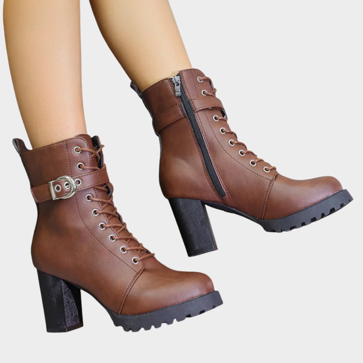 Ankle Boots Block Heel Lace Up Buckle Strap Sturdy Look