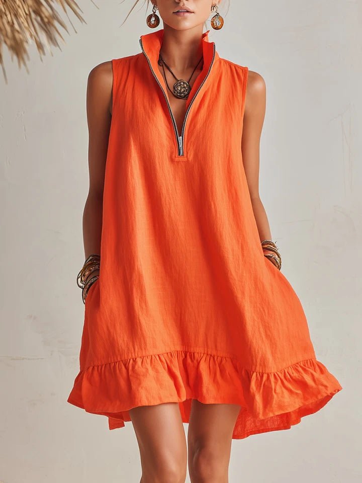 Linen Half-Zip Ruffle Mini Dress