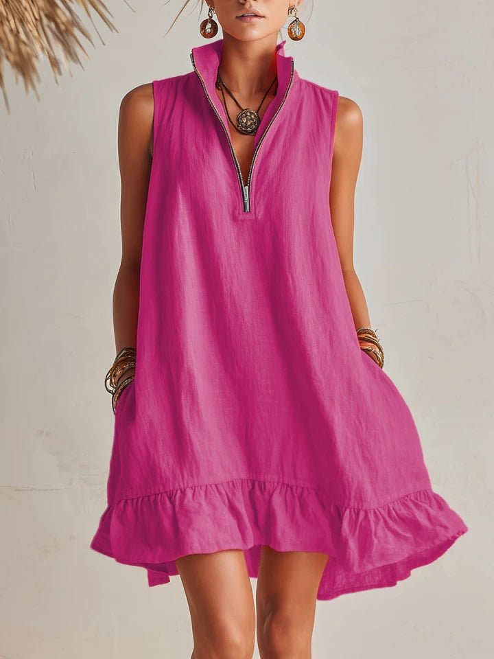 Linen Half-Zip Ruffle Mini Dress