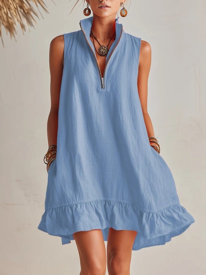 Linen Half-Zip Ruffle Mini Dress