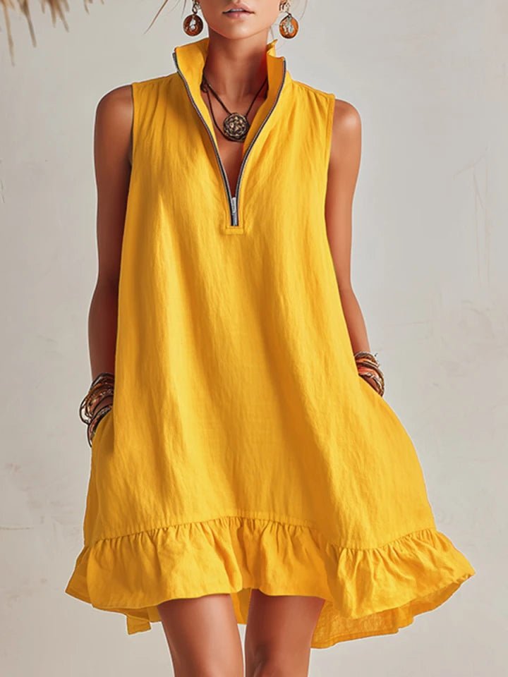 Linen Half-Zip Ruffle Mini Dress